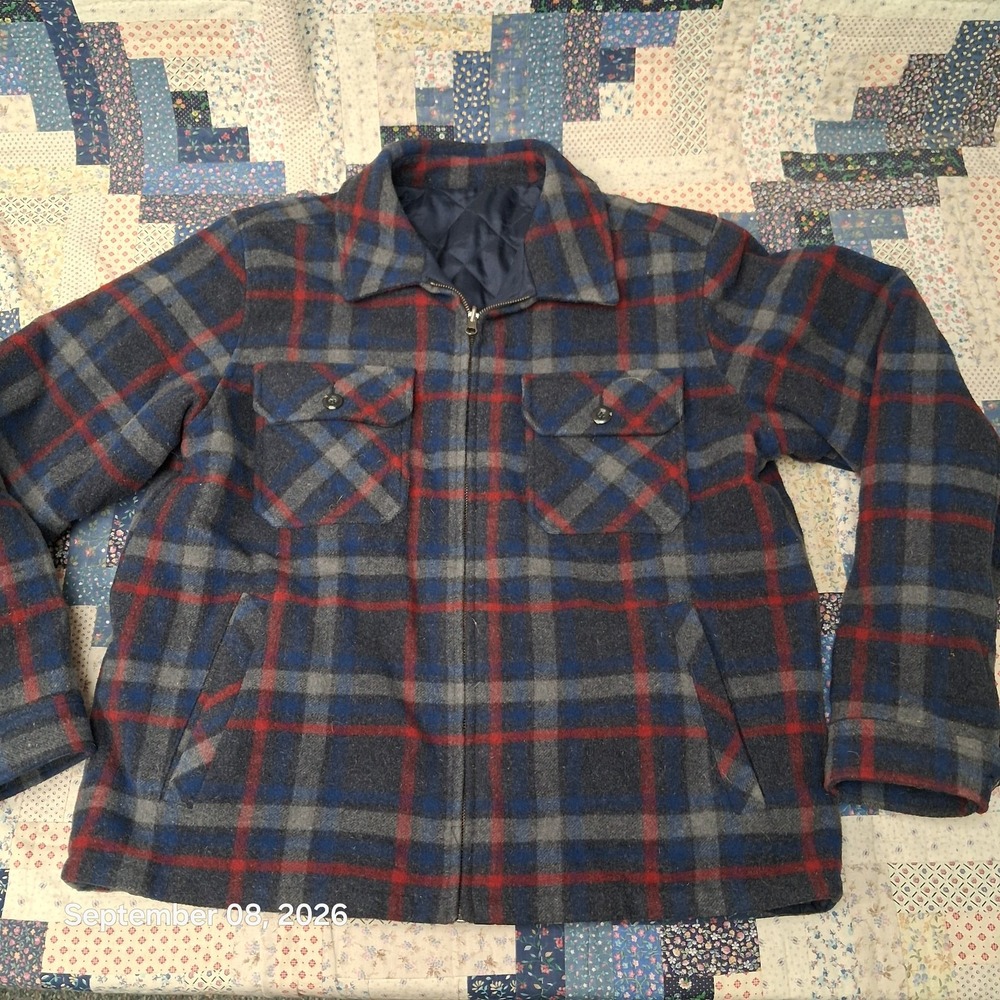 NY Classics Mens L Reversible Plaid Wool Blend Silk Full Zip Jacket Blue